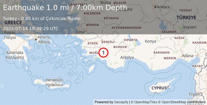 Earthquake WESTERN TURKEY (1.0 ml) (2025-07-14 18:39:29 UTC)
