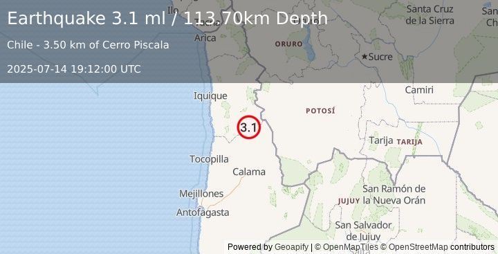Earthquake TARAPACA, CHILE (3.1 ml) (2025-07-14 19:12:00 UTC)