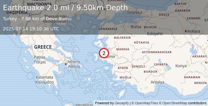 Earthquake NEAR THE COAST OF WESTERN TURKEY (2.0 ml) (2025-07-14 19:10:38 UTC)