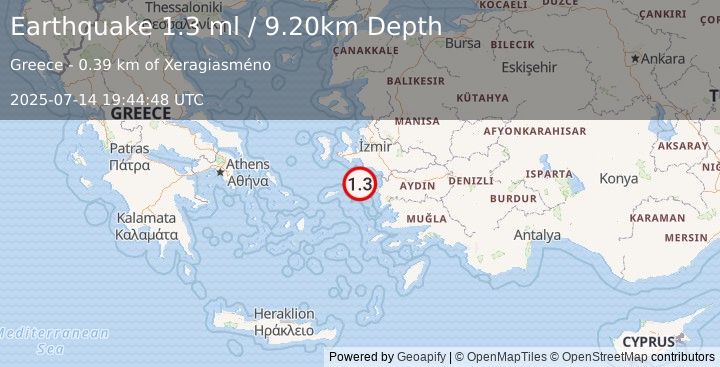 Earthquake DODECANESE ISLANDS, GREECE (1.3 ml) (2025-07-14 19:44:48 UTC)