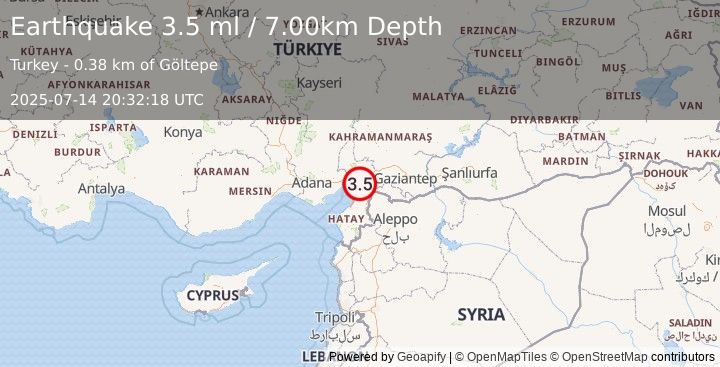 Earthquake TURKEY-SYRIA BORDER REGION (3.5 ml) (2025-07-14 20:32:18 UTC)