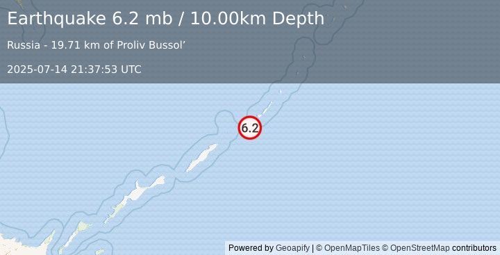 Earthquake KURIL ISLANDS (6.2 mb) (2025-07-14 21:37:59 UTC)
