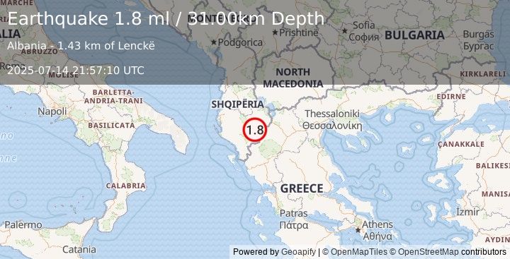 Earthquake ALBANIA (1.8 ml) (2025-07-14 21:57:10 UTC)
