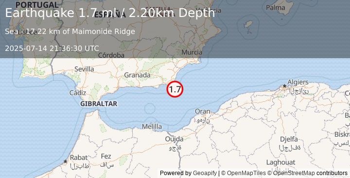 Earthquake WESTERN MEDITERRANEAN SEA (1.7 ml) (2025-07-14 21:36:30 UTC)
