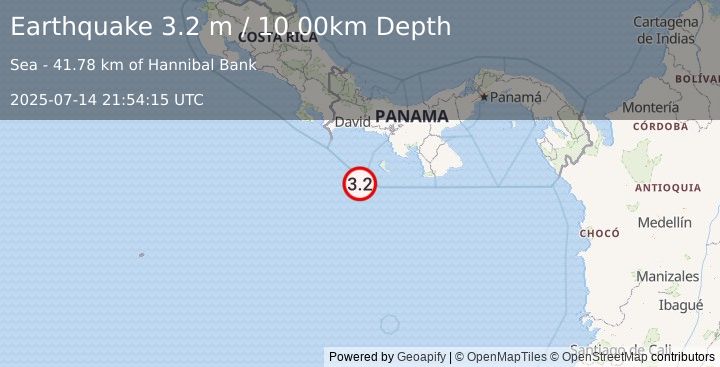 Earthquake SOUTH OF PANAMA (3.2 m) (2025-07-14 21:54:15 UTC)