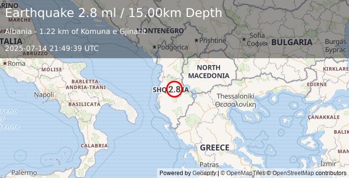 Earthquake ALBANIA (2.8 ml) (2025-07-14 21:49:39 UTC)
