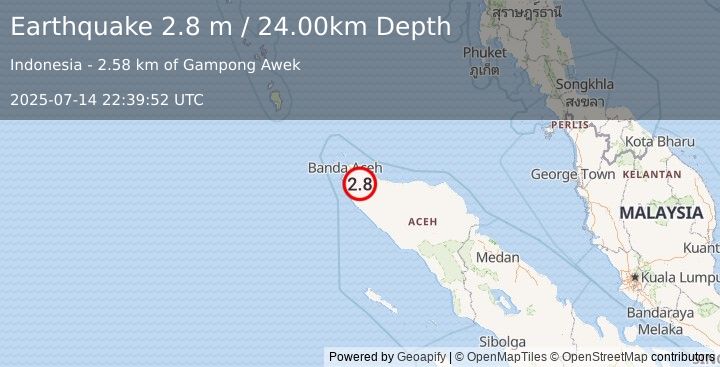 Earthquake NORTHERN SUMATRA, INDONESIA (2.8 m) (2025-07-14 22:39:52 UTC)