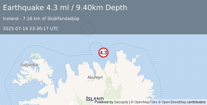 Earthquake ICELAND REGION (4.3 ml) (2025-07-14 23:30:17 UTC)