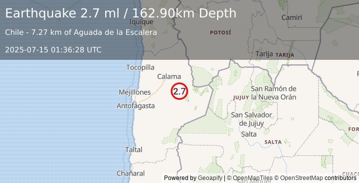 Earthquake ANTOFAGASTA, CHILE (2.7 ml) (2025-07-15 01:36:28 UTC)