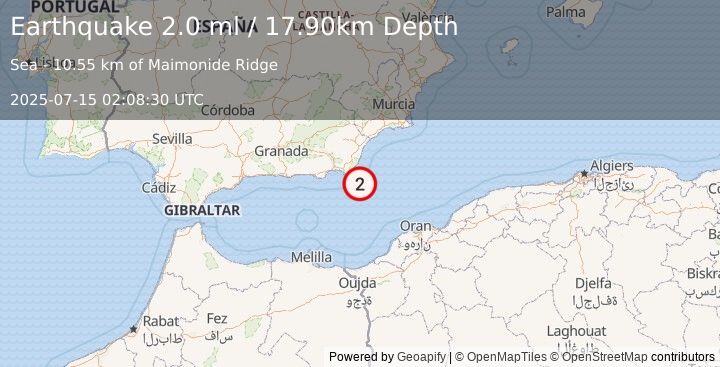 Earthquake WESTERN MEDITERRANEAN SEA (2.0 ml) (2025-07-15 02:08:30 UTC)
