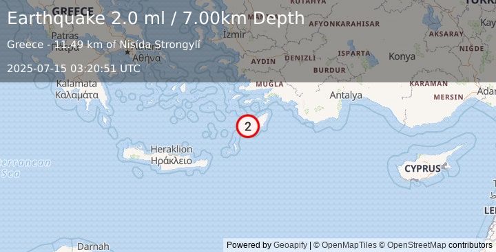 Earthquake DODECANESE IS.-TURKEY BORDER REG (2.0 ml) (2025-07-15 03:20:51 UTC)