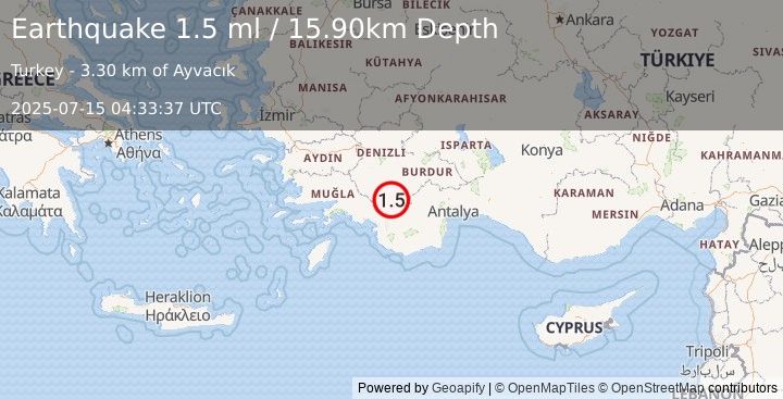 Earthquake WESTERN TURKEY (1.5 ml) (2025-07-15 04:33:37 UTC)