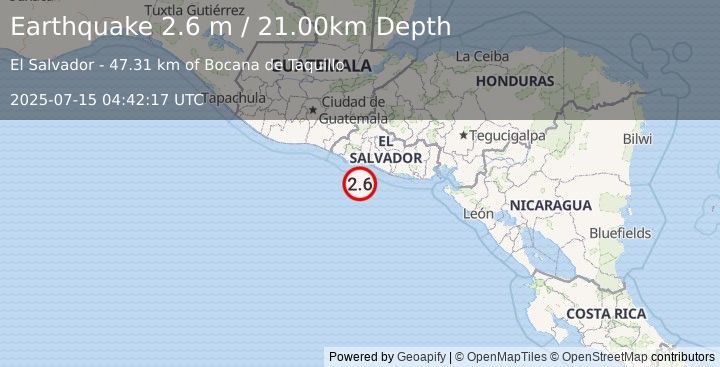 Earthquake OFFSHORE EL SALVADOR (2.6 m) (2025-07-15 04:42:17 UTC)