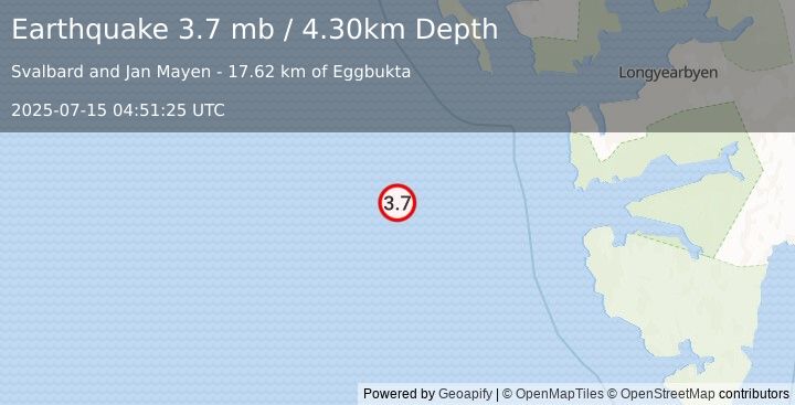 Earthquake SVALBARD REGION (3.7 mb) (2025-07-15 04:51:25 UTC)