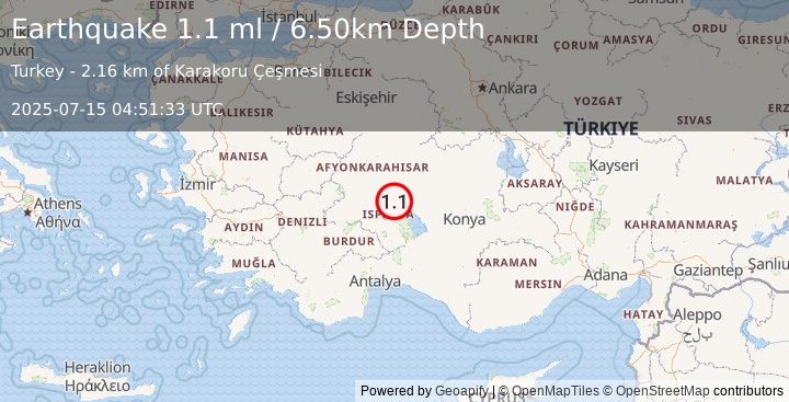Earthquake WESTERN TURKEY (1.1 ml) (2025-07-15 04:51:33 UTC)