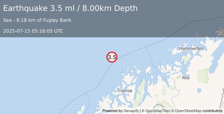Earthquake NORTHERN NORWAY (3.5 ml) (2025-07-15 05:16:05 UTC)