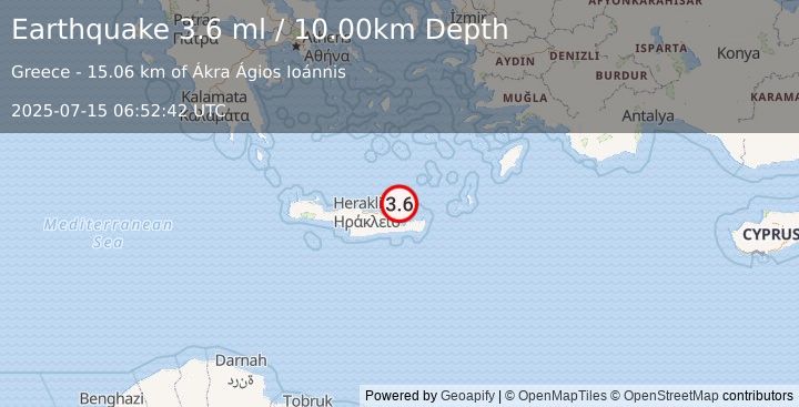 Earthquake CRETE, GREECE (3.6 ml) (2025-07-15 06:52:42 UTC)