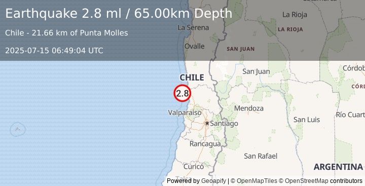 Earthquake OFFSHORE VALPARAISO, CHILE (2.8 ml) (2025-07-15 06:49:04 UTC)