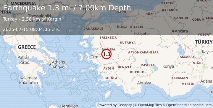 Earthquake WESTERN TURKEY (1.3 ml) (2025-07-15 08:04:05 UTC)