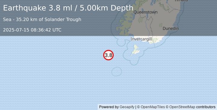Earthquake OFF W. COAST OF S. ISLAND, N.Z. (3.8 ml) (2025-07-15 08:36:42 UTC)