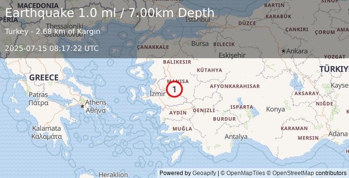 Earthquake WESTERN TURKEY (1.0 ml) (2025-07-15 08:17:22 UTC)