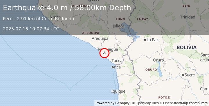Earthquake NEAR COAST OF SOUTHERN PERU (4.0 m) (2025-07-15 10:07:34 UTC)