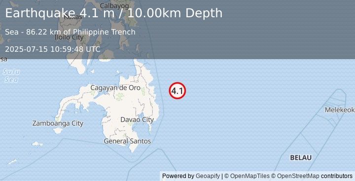 Earthquake PHILIPPINE ISLANDS REGION (4.1 m) (2025-07-15 10:59:48 UTC)