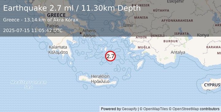 Earthquake DODECANESE ISLANDS, GREECE (2.7 ml) (2025-07-15 11:05:42 UTC)