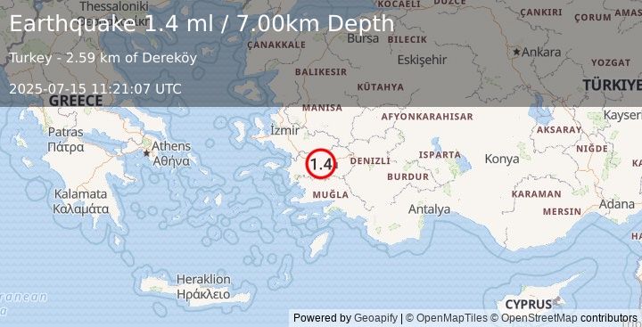 Earthquake WESTERN TURKEY (1.4 ml) (2025-07-15 11:21:07 UTC)