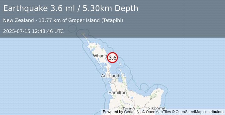 Earthquake NORTH ISLAND OF NEW ZEALAND (3.6 ml) (2025-07-15 12:48:46 UTC)