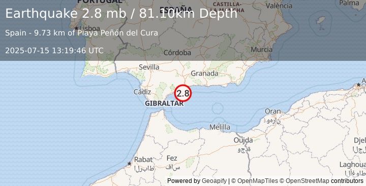 Earthquake STRAIT OF GIBRALTAR (2.6 ml) (2025-07-15 13:19:43 UTC)