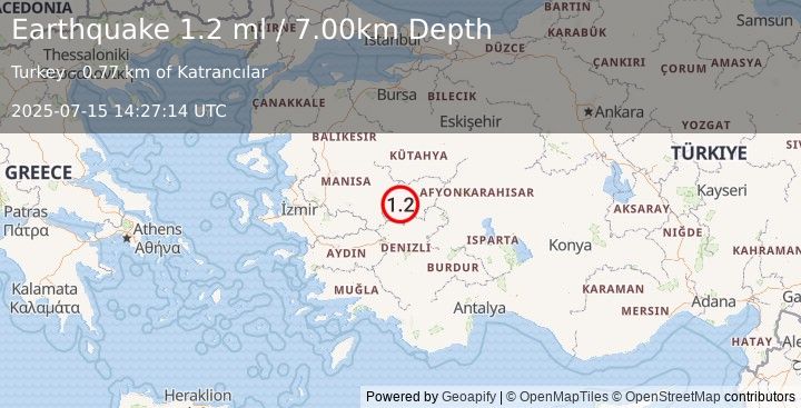 Earthquake WESTERN TURKEY (1.2 ml) (2025-07-15 14:27:14 UTC)