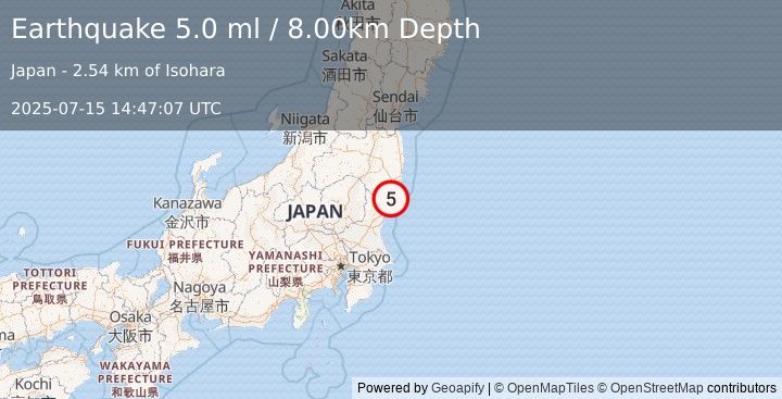 Earthquake NEAR EAST COAST OF HONSHU, JAPAN (5.1 mb) (2025-07-15 14:47:11 UTC)