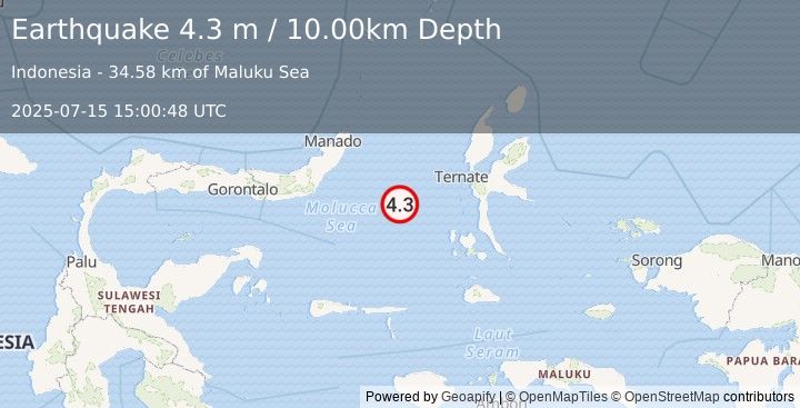 Earthquake MOLUCCA SEA (4.3 m) (2025-07-15 15:00:48 UTC)