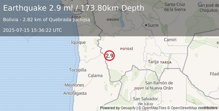 Earthquake POTOSI, BOLIVIA (2.9 ml) (2025-07-15 15:36:22 UTC)