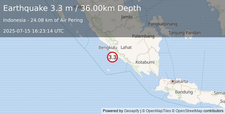 Earthquake SOUTHERN SUMATRA, INDONESIA (3.3 m) (2025-07-15 16:23:14 UTC)