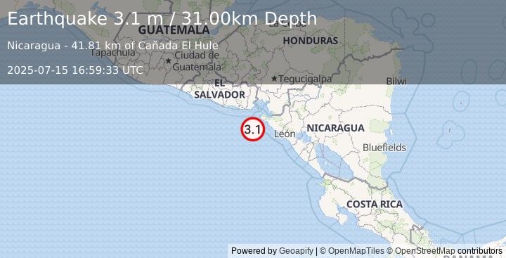 Earthquake NEAR COAST OF NICARAGUA (3.1 m) (2025-07-15 16:59:33 UTC)