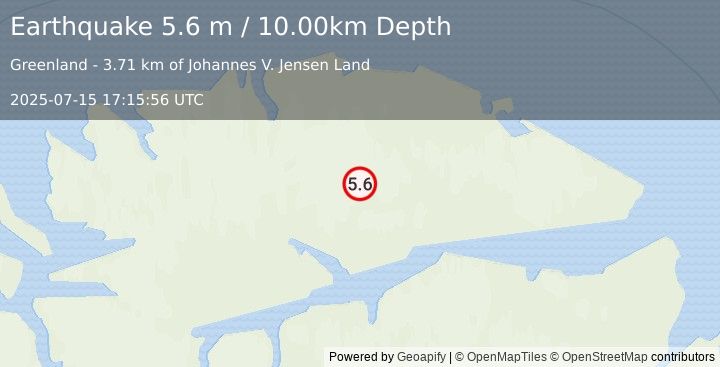 Earthquake NEAR NORTH COAST OF GREENLAND (5.8 mb) (2025-07-15 17:15:55 UTC)
