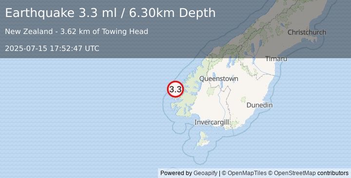 Earthquake OFF W. COAST OF S. ISLAND, N.Z. (3.3 ml) (2025-07-15 17:52:47 UTC)