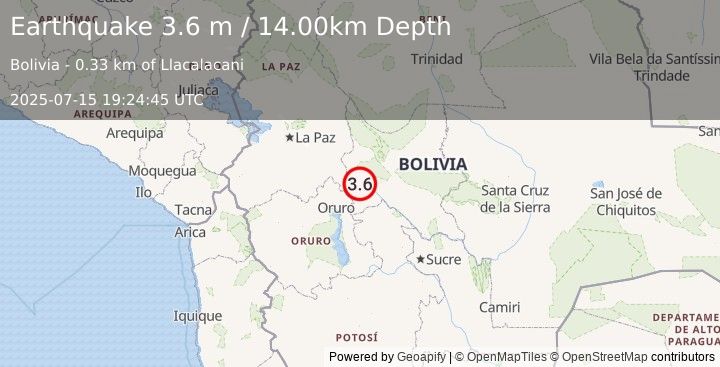 Earthquake COCHABAMBA, BOLIVIA (3.6 m) (2025-07-15 19:24:45 UTC)