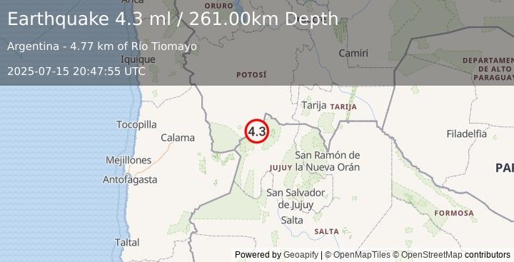 Earthquake JUJUY, ARGENTINA (4.0 mw) (2025-07-15 20:47:56 UTC)