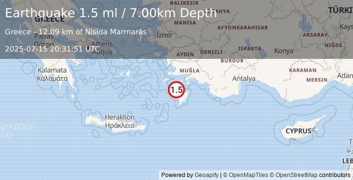 Earthquake DODECANESE IS.-TURKEY BORDER REG (1.5 ml) (2025-07-15 20:31:51 UTC)