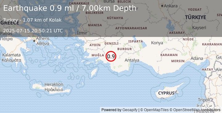 Earthquake WESTERN TURKEY (0.9 ml) (2025-07-15 20:50:21 UTC)