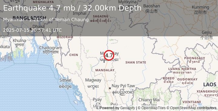 Earthquake MYANMAR (4.7 mb) (2025-07-15 20:57:41 UTC)
