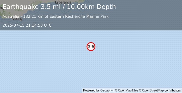 Earthquake OFF SOUTH COAST OF AUSTRALIA (3.5 ml) (2025-07-15 21:14:57 UTC)