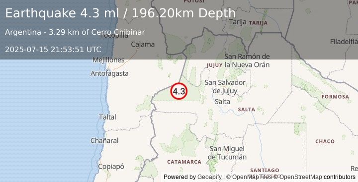 Earthquake SALTA, ARGENTINA (4.3 ml) (2025-07-15 21:53:51 UTC)