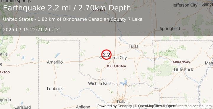 Earthquake OKLAHOMA (2.2 ml) (2025-07-15 22:21:20 UTC)