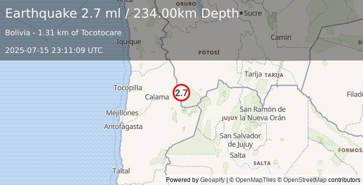 Earthquake POTOSI, BOLIVIA (2.7 ml) (2025-07-15 23:11:09 UTC)