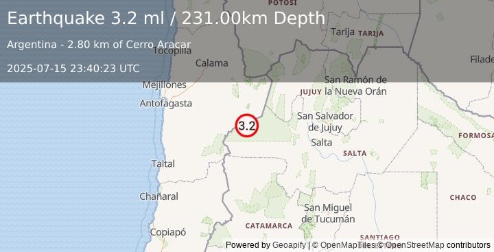 Earthquake SALTA, ARGENTINA (3.2 ml) (2025-07-15 23:40:23 UTC)