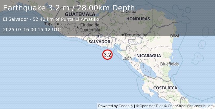 Earthquake OFFSHORE EL SALVADOR (3.2 m) (2025-07-16 00:15:12 UTC)